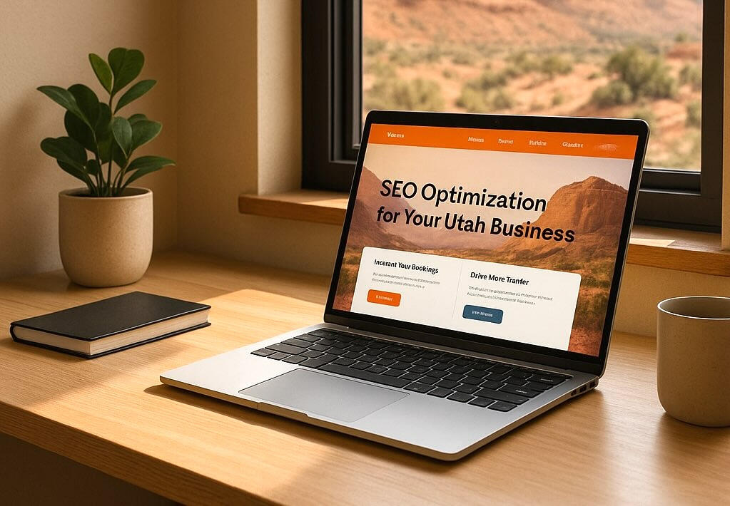 Search Engine Optimization (SEO) services shown on a computer overlooking a landscape in Utah
